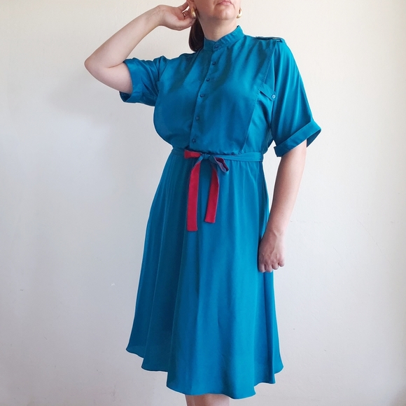 Vintage 80's Blouson Midi Dress 7/8 Turquoise - Picture 1 of 12